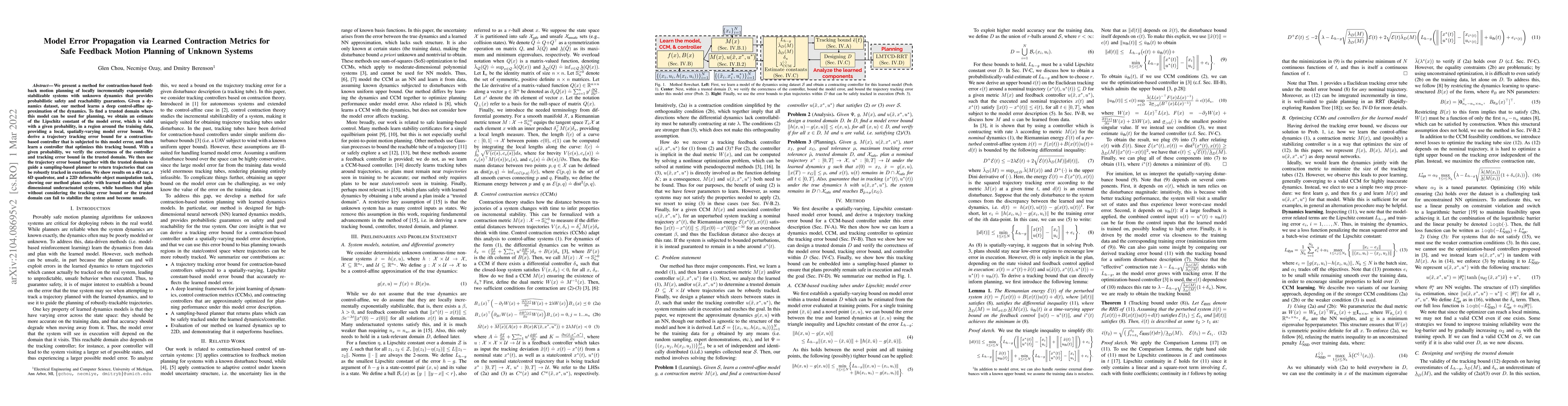 Thumbnail for Model Error Propagation via Learned Contraction Metrics for Safe
  Feedback Motion Planning of Unknown Systems