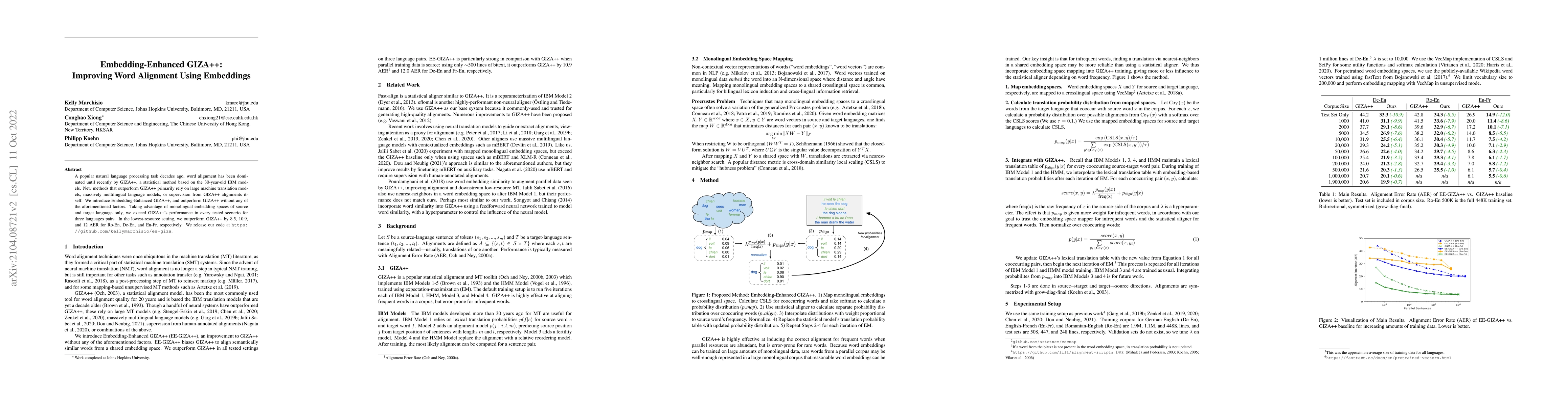 Thumbnail for Embedding-Enhanced Giza++: Improving Alignment in Low- and High-
  Resource Scenarios Using Embedding Space Geometry