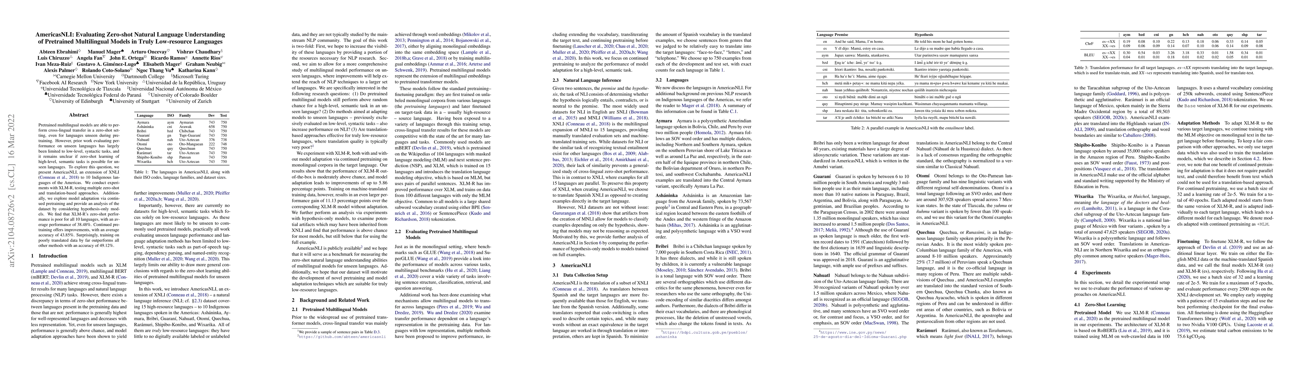 Thumbnail for AmericasNLI: Evaluating Zero-shot Natural Language Understanding of
  Pretrained Multilingual Models in Truly Low-resource Languages