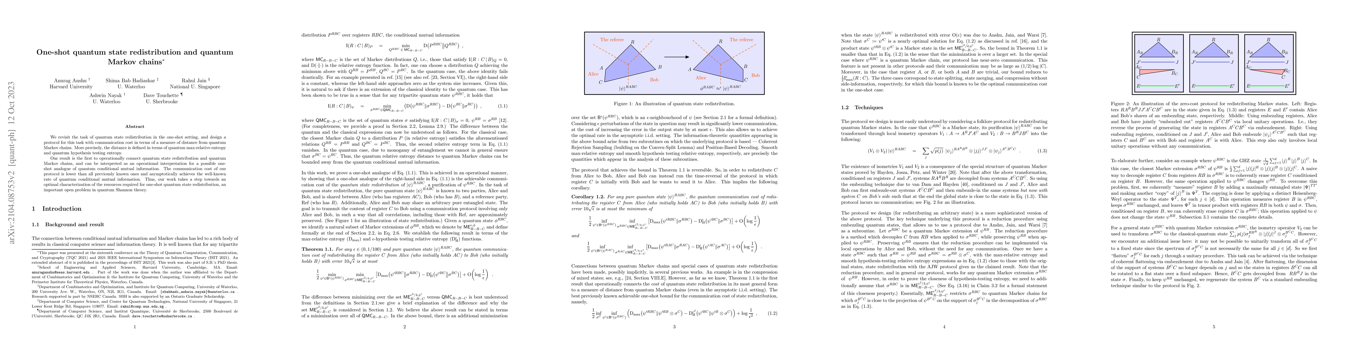Thumbnail for One-shot quantum state redistribution and quantum Markov chains