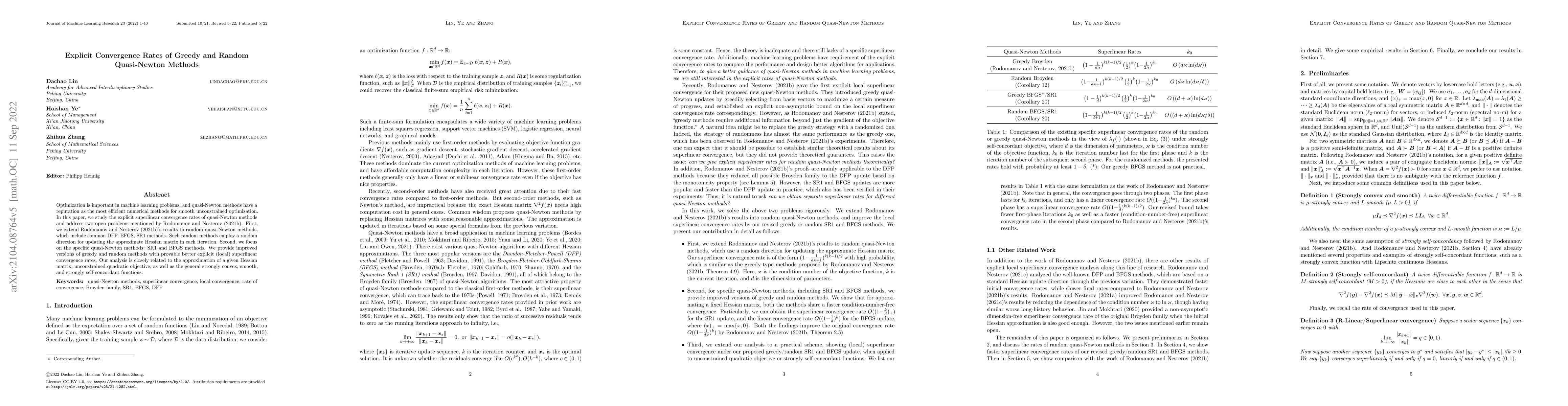 Thumbnail for Explicit Convergence Rates of Greedy and Random Quasi-Newton Methods