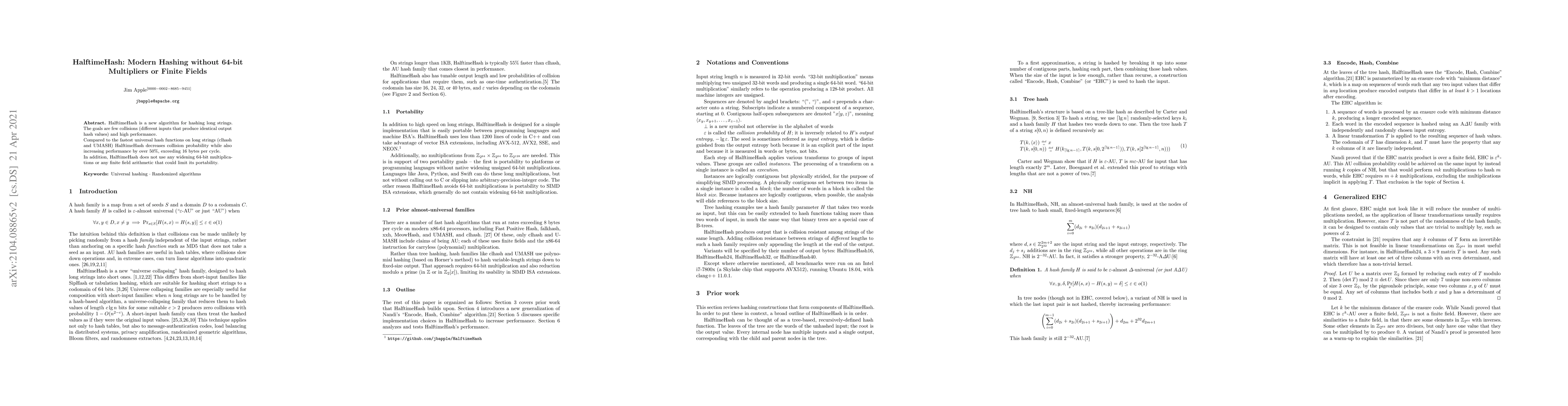 Thumbnail for HalftimeHash: Modern Hashing without 64-bit Multipliers or Finite Fields