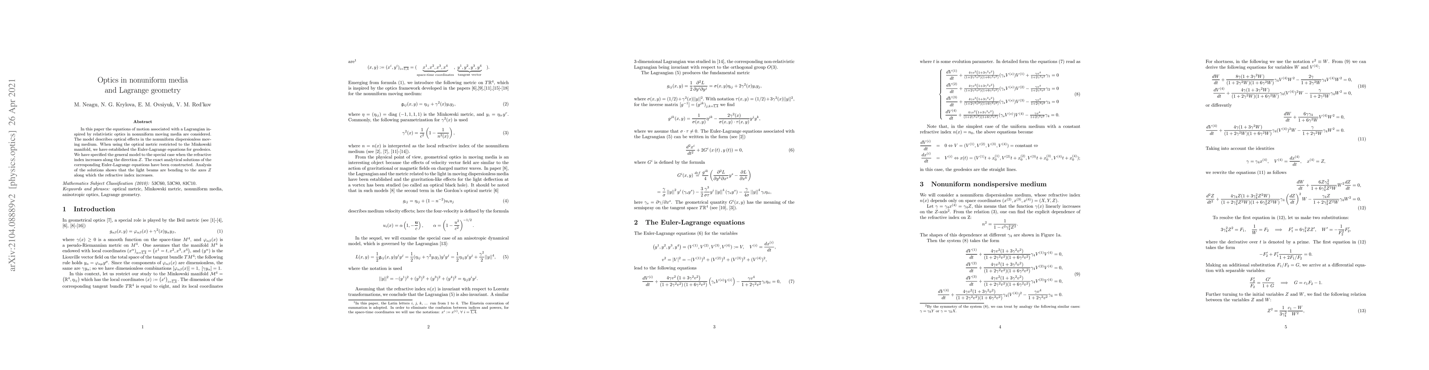 Thumbnail for Optics in nonuniform media and Lagrange geometry