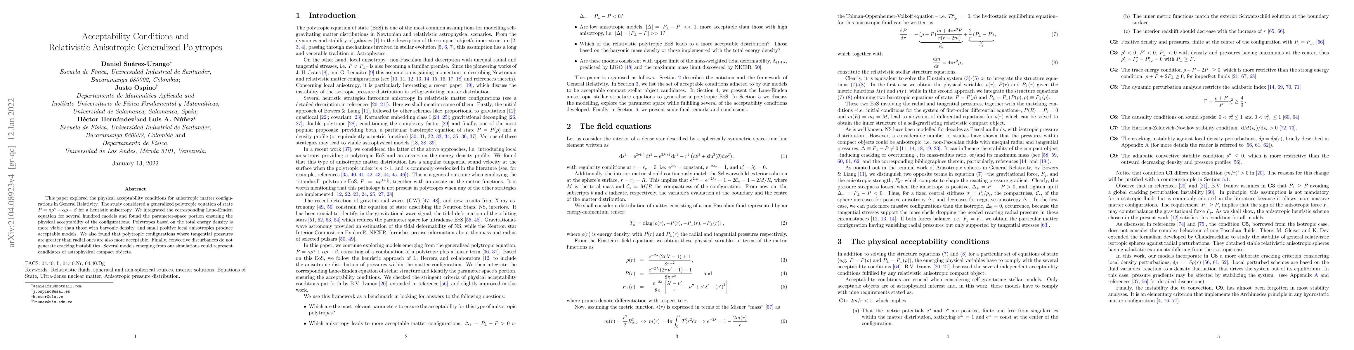 Thumbnail for Acceptability Conditions and Relativistic Anisotropic Generalized
  Polytropes