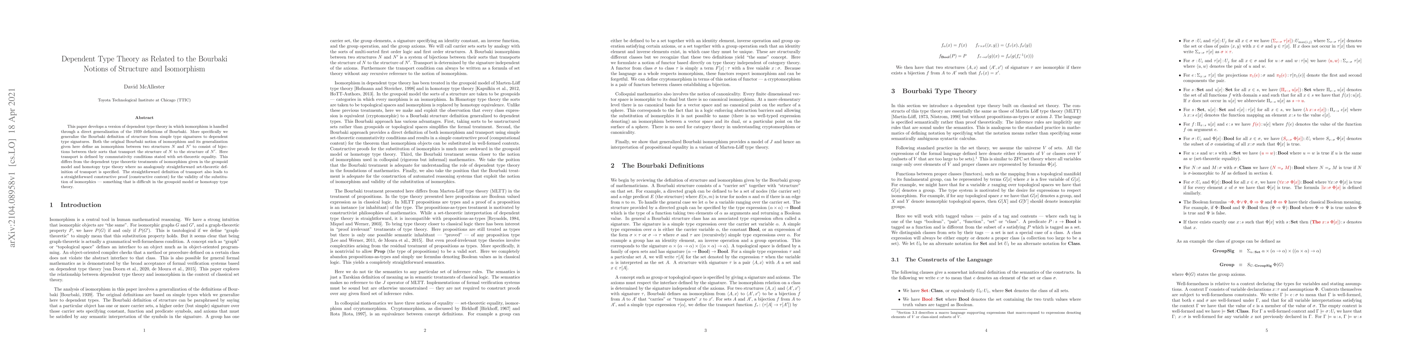 Thumbnail for Dependent Type Theory as Related to the Bourbaki Notions of Structure
  and Isomorphism