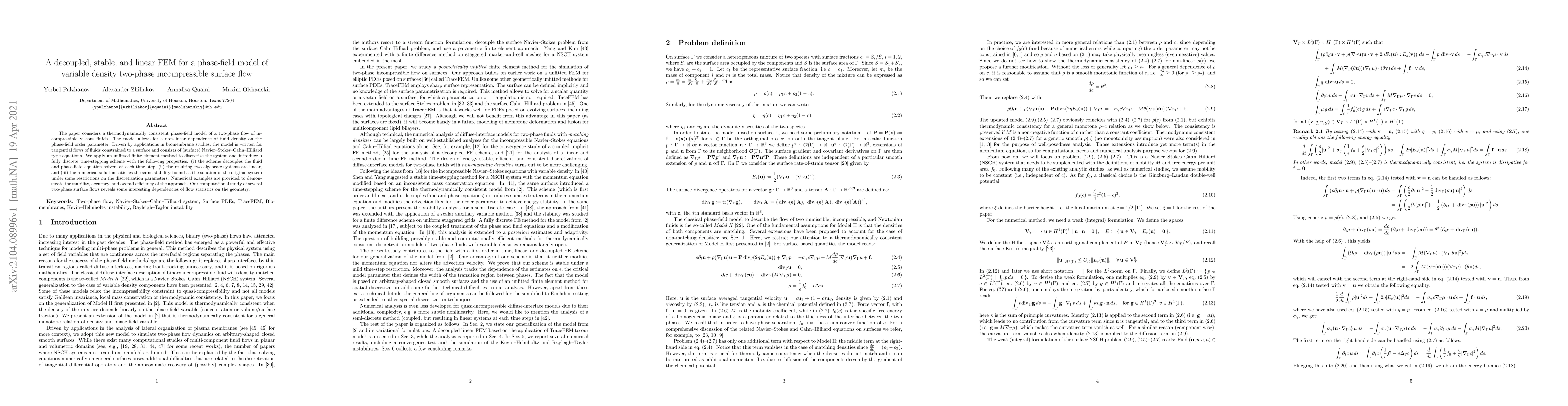 Thumbnail for A decoupled, stable, and linear FEM for a phase-field model of variable
  density two-phase incompressible surface flow