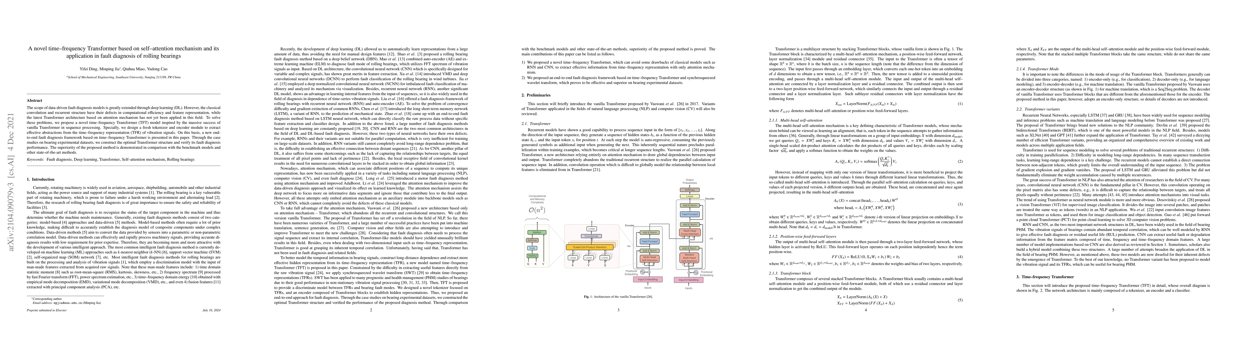 Thumbnail for A novel time-frequency Transformer based on self-attention mechanism and
  its application in fault diagnosis of rolling bearings