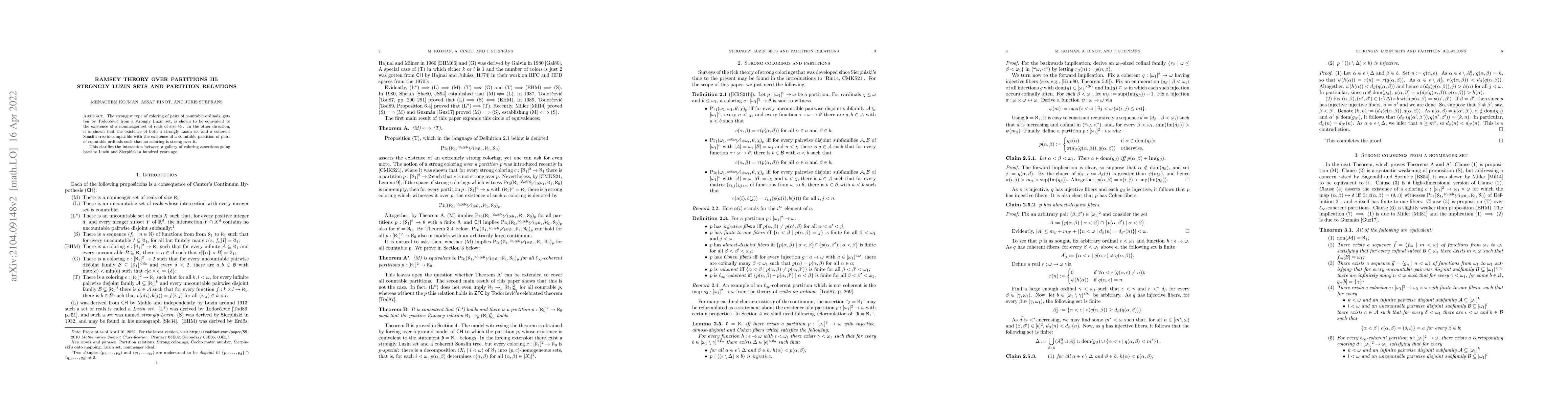 Thumbnail for Ramsey theory over partitions III: Strongly Luzin sets and partition
  relations