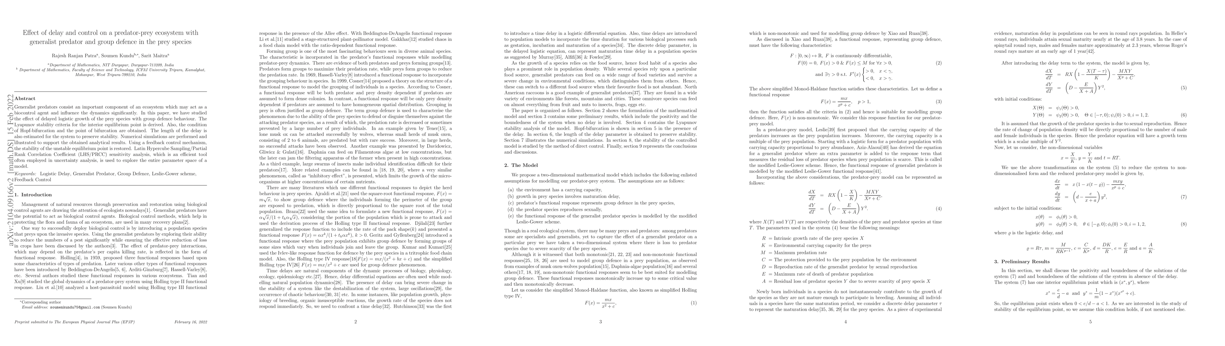 Thumbnail for Effect of delay and control on a predator-prey ecosystem with generalist
  predator and group defence in the prey species