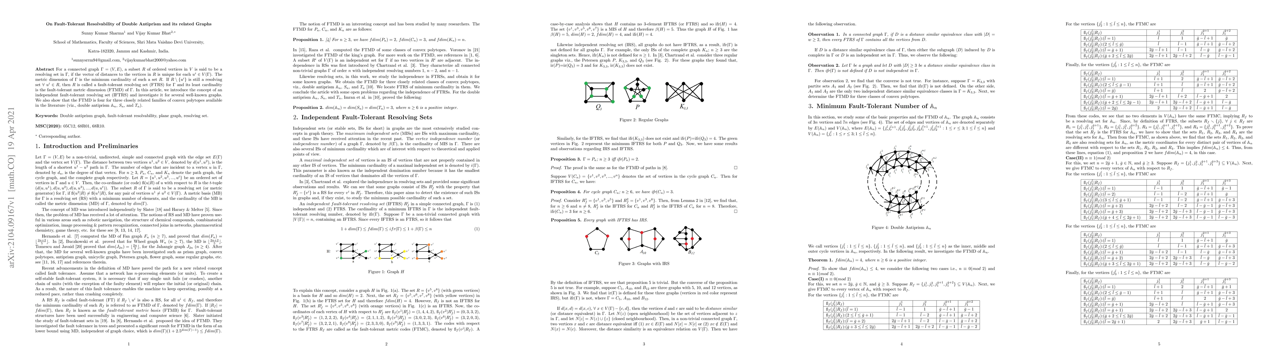Thumbnail for On Fault-Tolerant Resolvability of Double Antiprism and its related
  Graphs