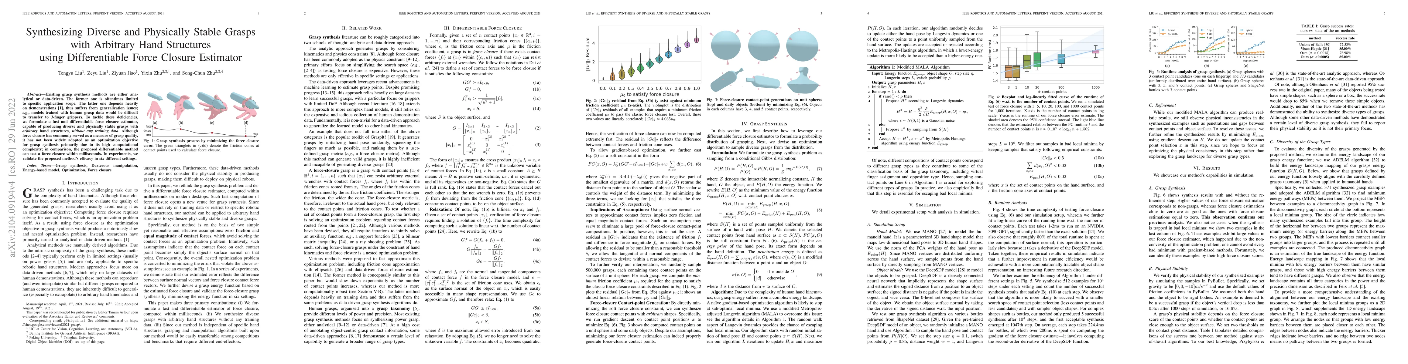 Thumbnail for Synthesizing Diverse and Physically Stable Grasps with Arbitrary Hand
  Structures using Differentiable Force Closure Estimator