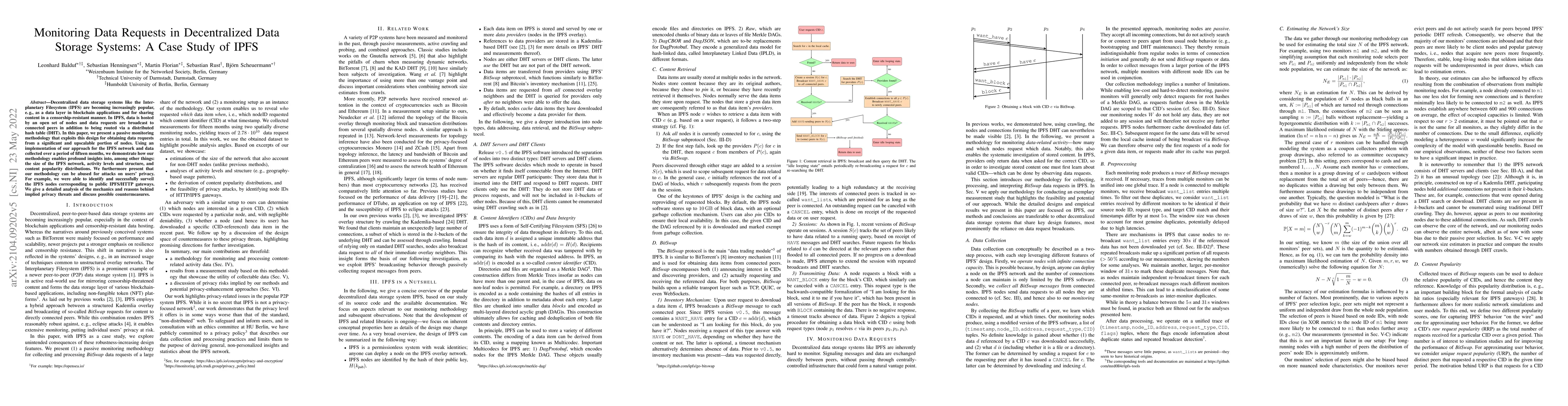 Thumbnail for Monitoring Data Requests in Decentralized Data Storage Systems: A Case
  Study of IPFS