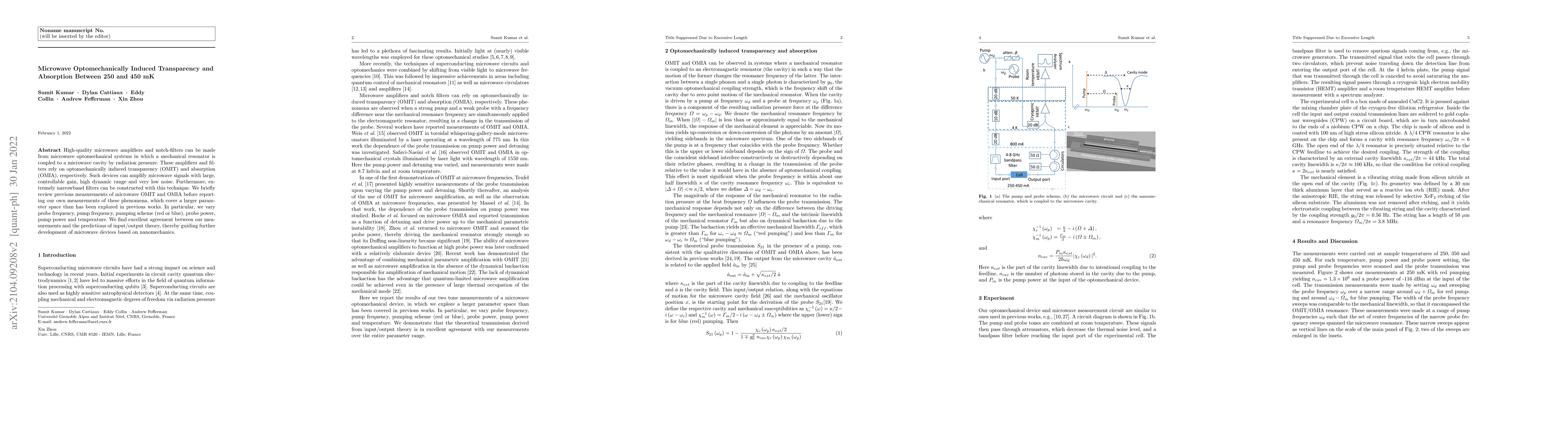 Thumbnail for Microwave Optomechanically Induced Transparency and Absorption Between
  250 and 450 mK