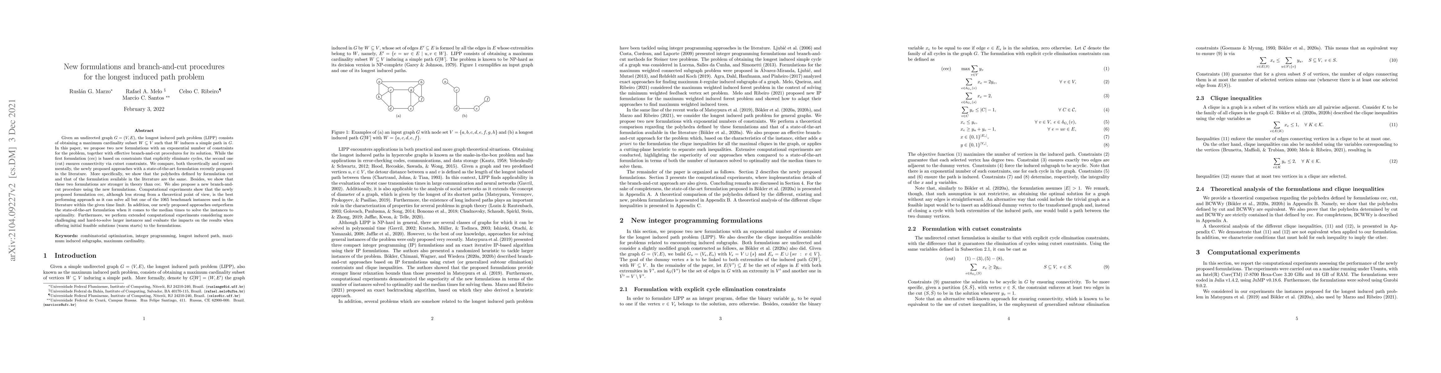 Thumbnail for New formulations and branch-and-cut procedures for the longest induced
  path problem