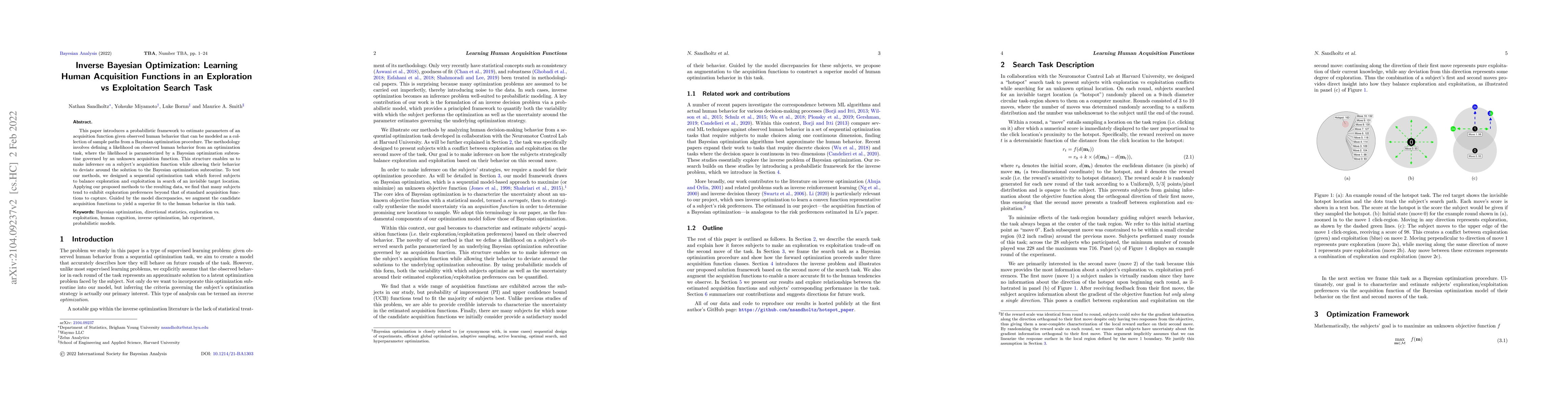 Thumbnail for Inverse Bayesian Optimization: Learning Human Acquisition Functions in
  an Exploration vs Exploitation Search Task