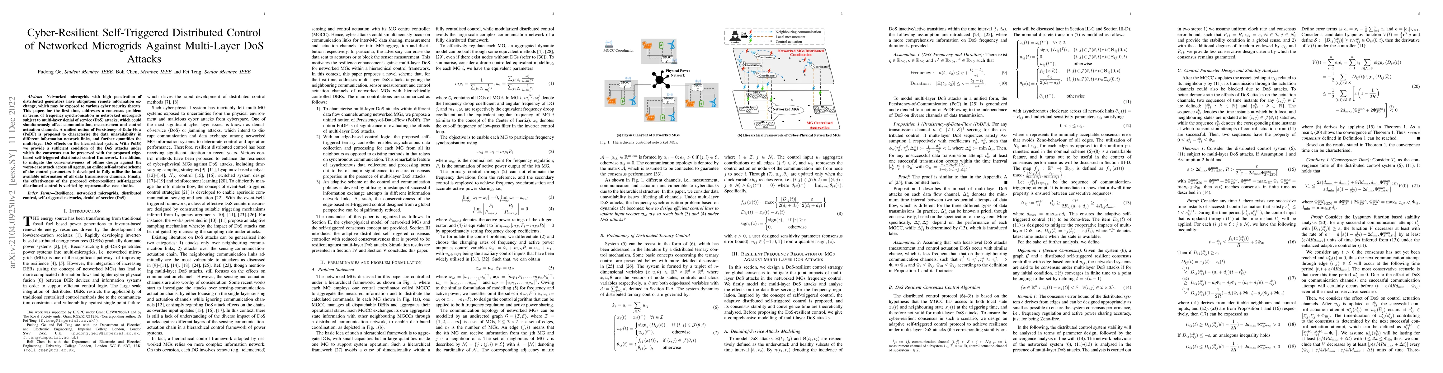 Thumbnail for Cyber-Resilient Self-Triggered Distributed Control of Networked
  Microgrids Against Multi-Layer DoS Attacks
