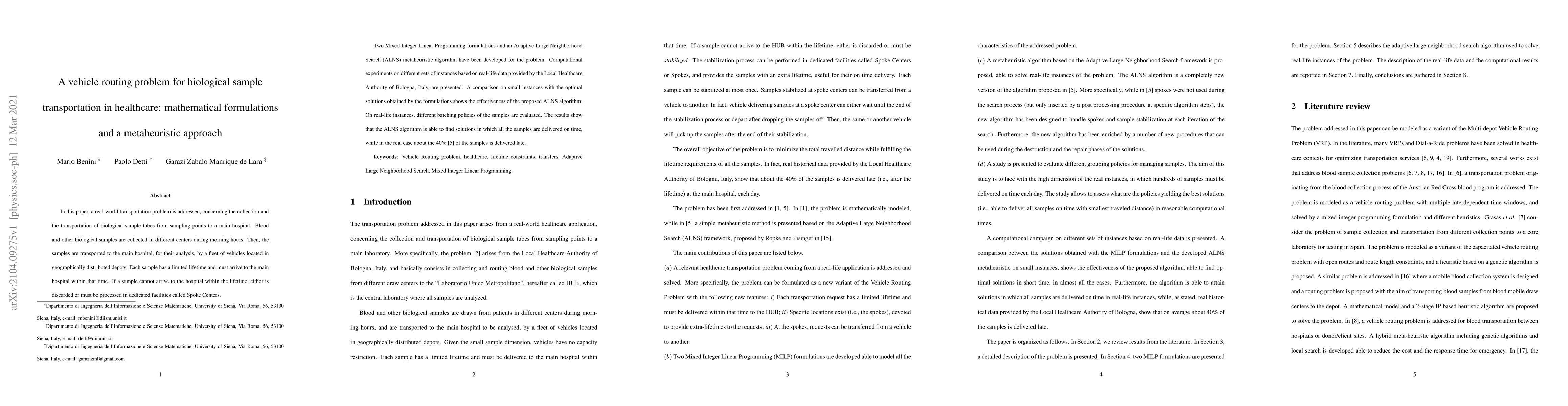 Thumbnail for A vehicle routing problem for biological sample transportation in
  healthcare: mathematical formulations and a metaheuristic approach