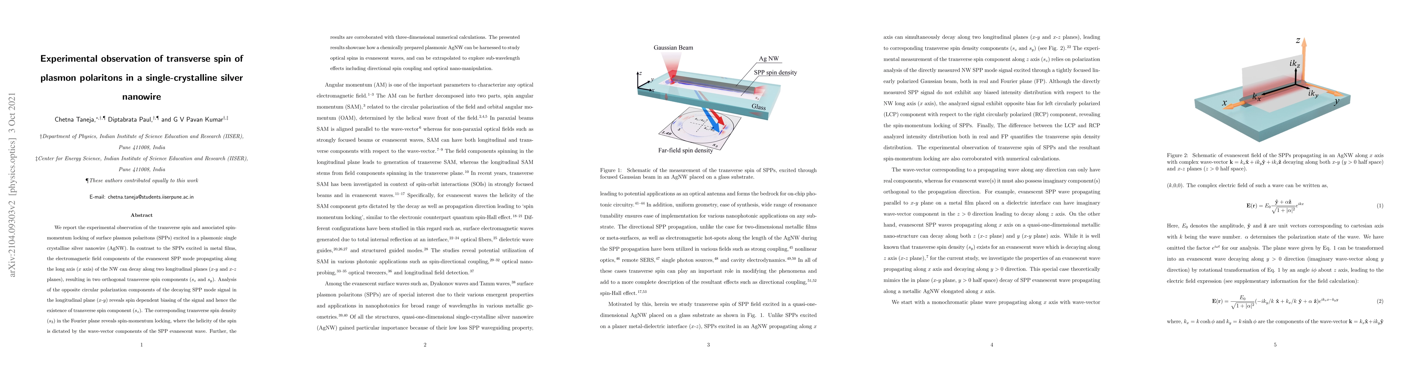 Thumbnail for Experimental observation of transverse spin of plasmon polaritons in a
  single-crystalline silver nanowire