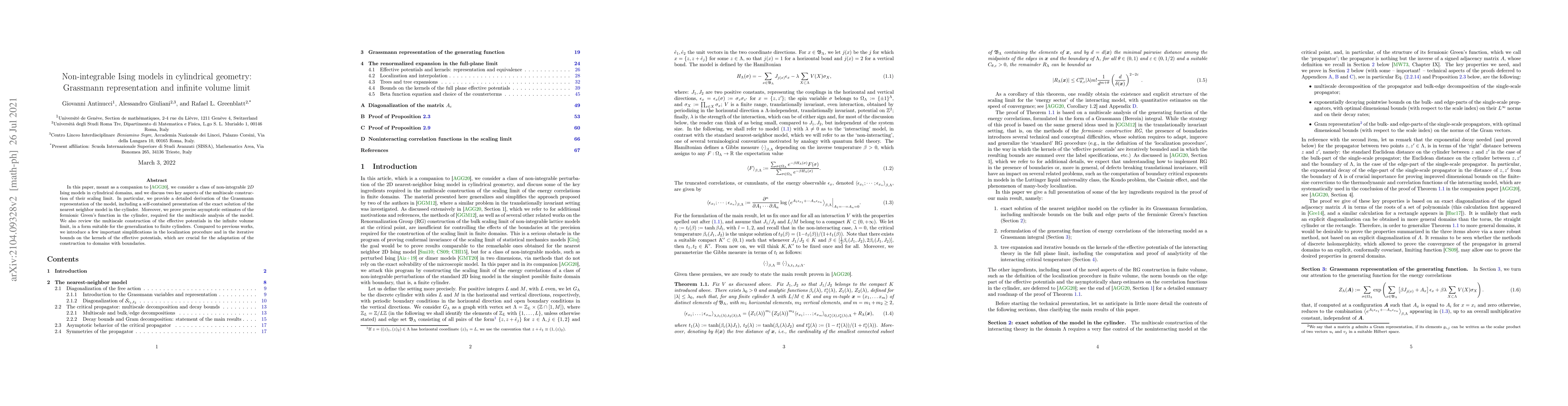 Thumbnail for Non-integrable Ising models in cylindrical geometry: Grassmann
  representation and infinite volume limit