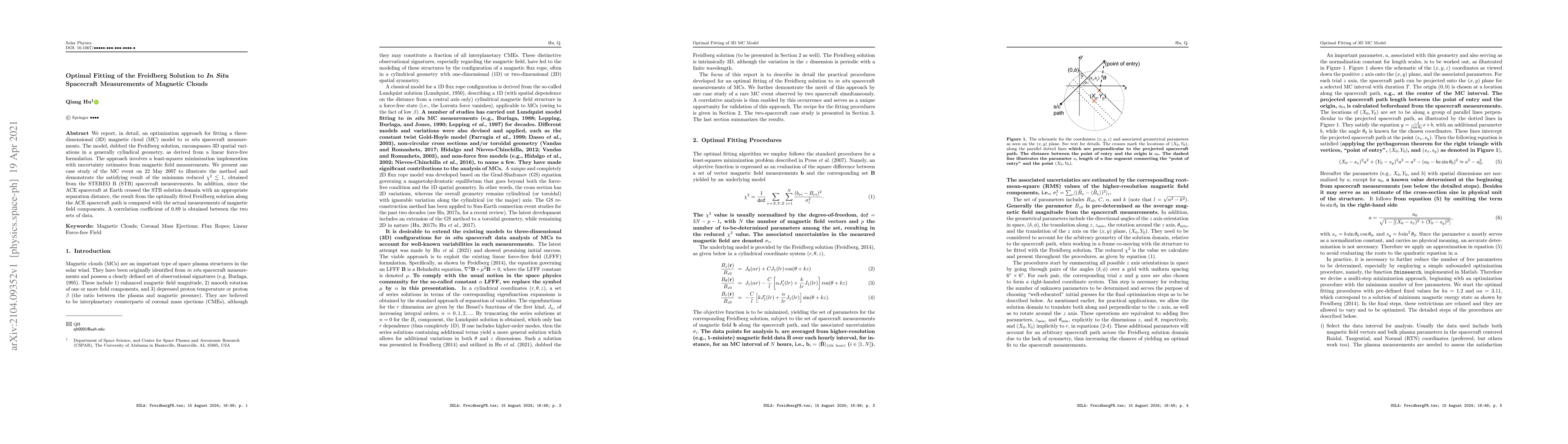 Thumbnail for Optimal Fitting of the Freidberg Solution to In Situ Spacecraft
  Measurements of Magnetic Clouds