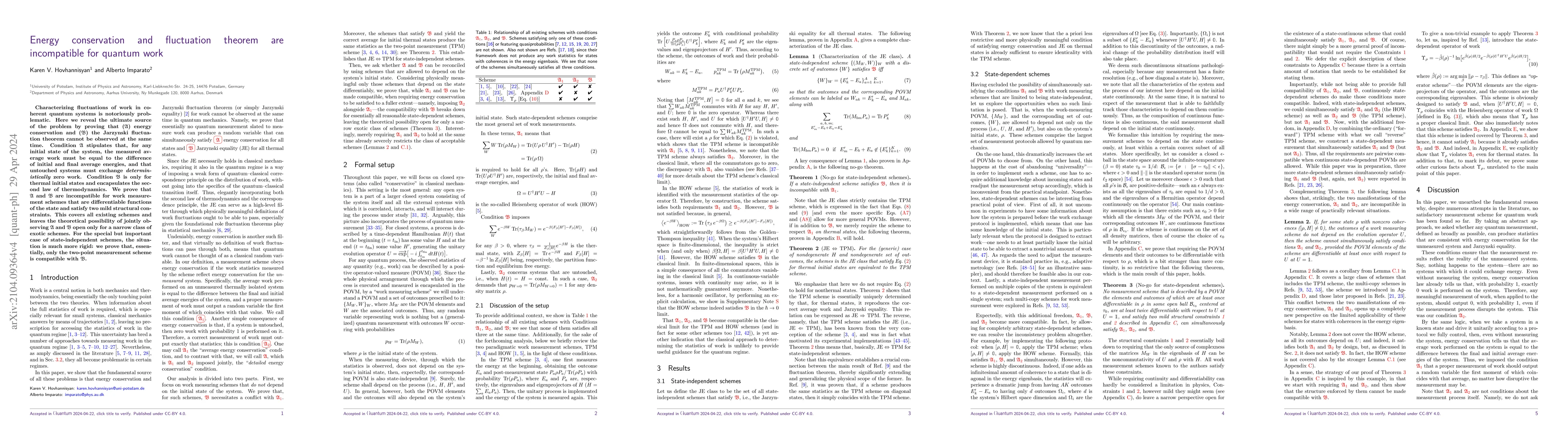 Thumbnail for Energy conservation and fluctuation theorem are incompatible for quantum
  work