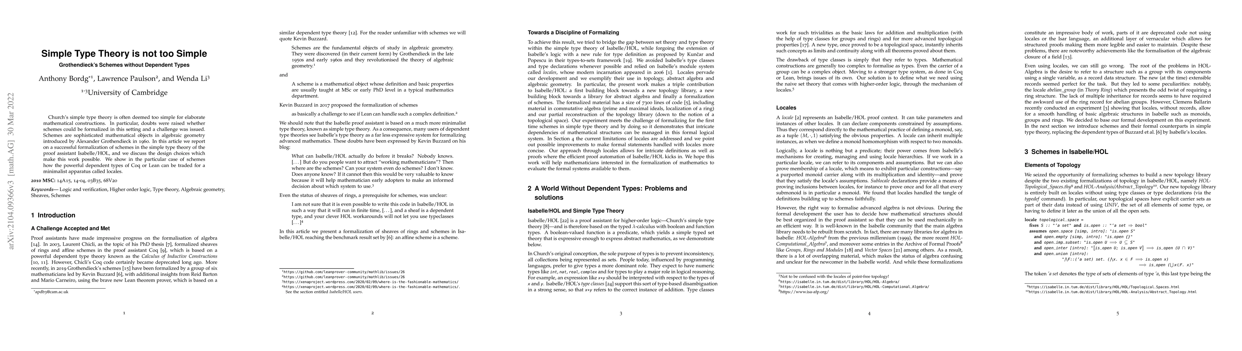 Thumbnail for Simple Type Theory is not too Simple: Grothendieck's Schemes without
  Dependent Types