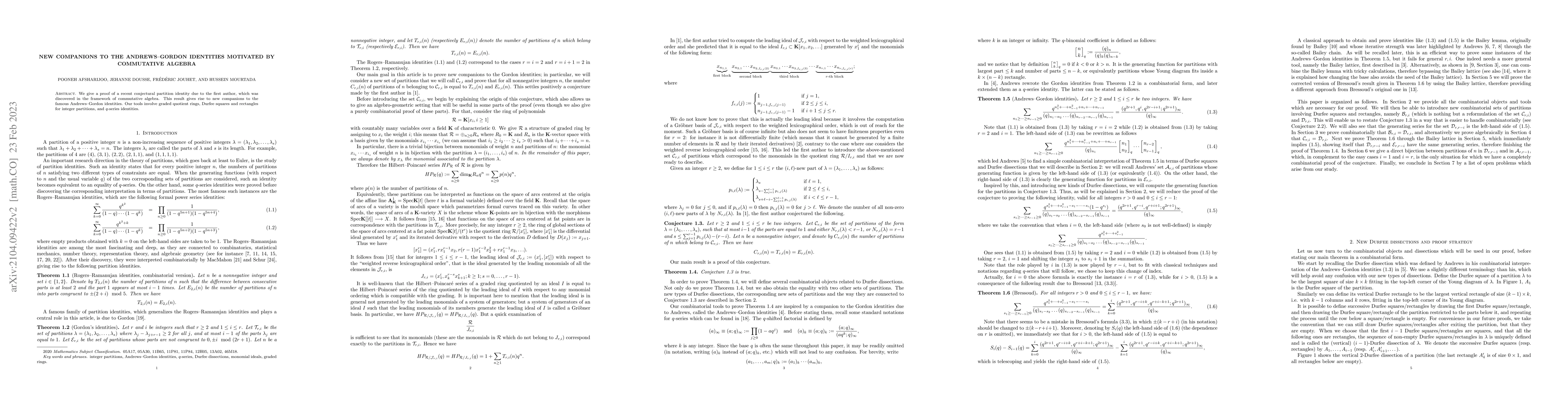 Thumbnail for New companions to the Andrews--Gordon identities motivated by
  commutative algebra