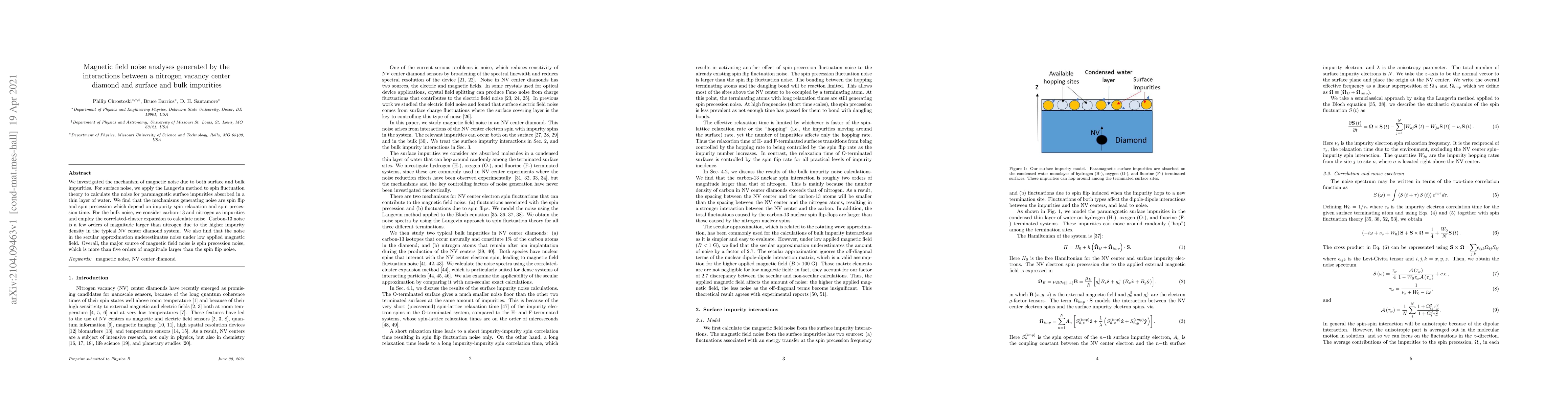 Thumbnail for Magnetic field noise analyses generated by the interactions between a
  nitrogen vacancy center diamond and surface and bulk impurities