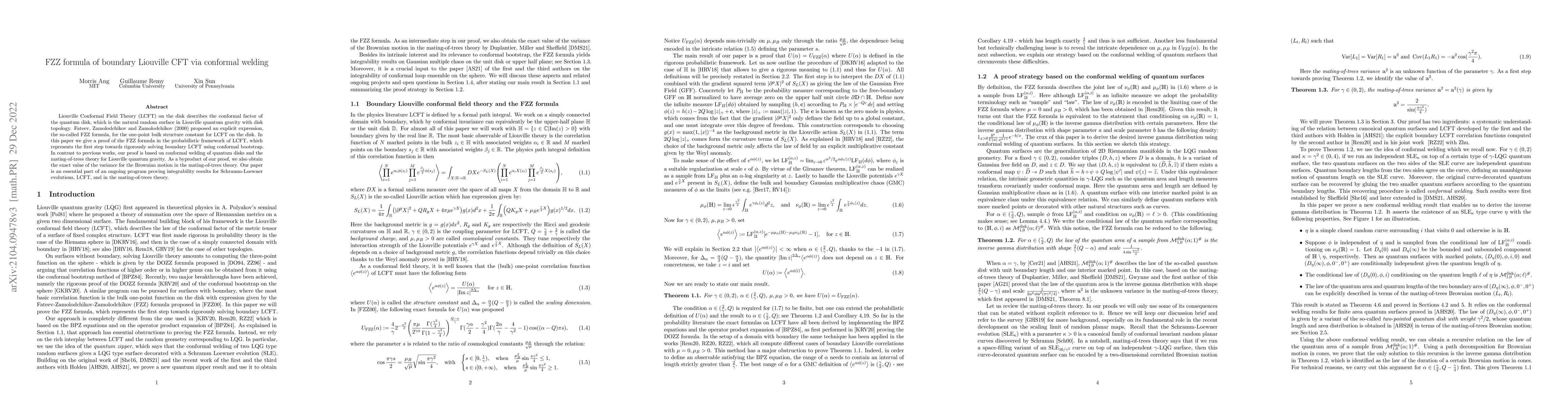 Thumbnail for FZZ formula of boundary Liouville CFT via conformal welding