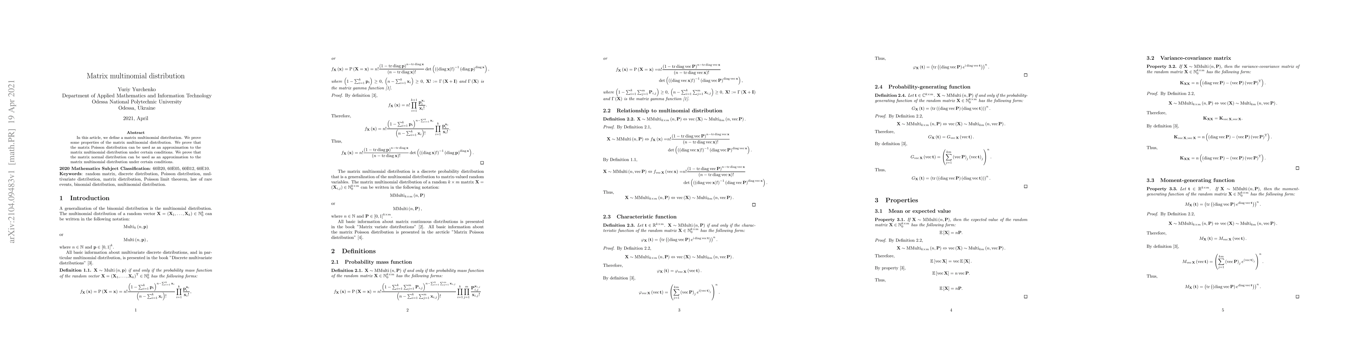 Thumbnail for Matrix multinomial distribution