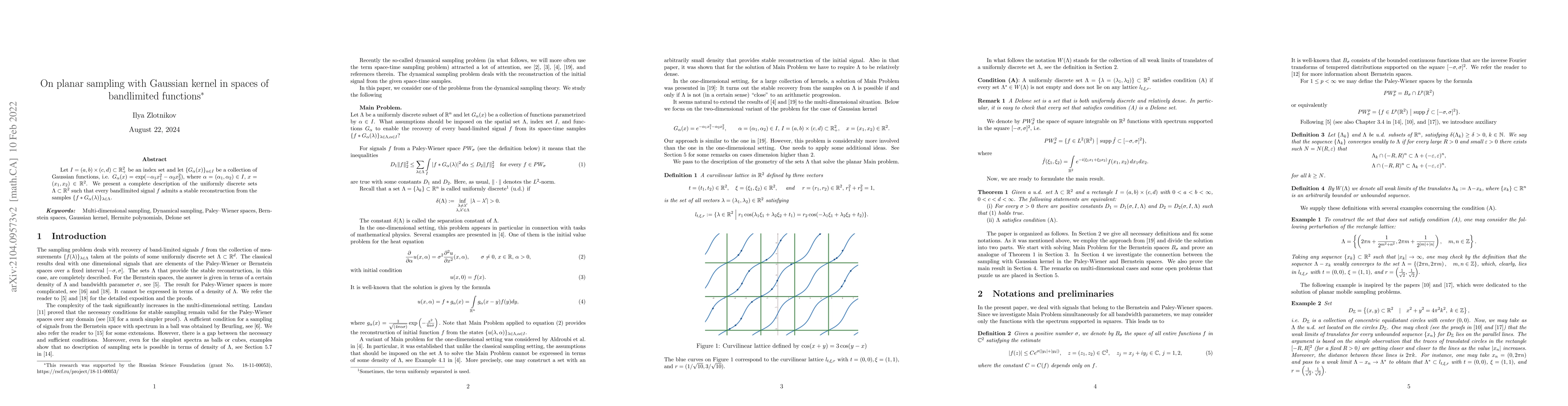 Thumbnail for On planar sampling with Gaussian kernel in spaces of bandlimited
  functions