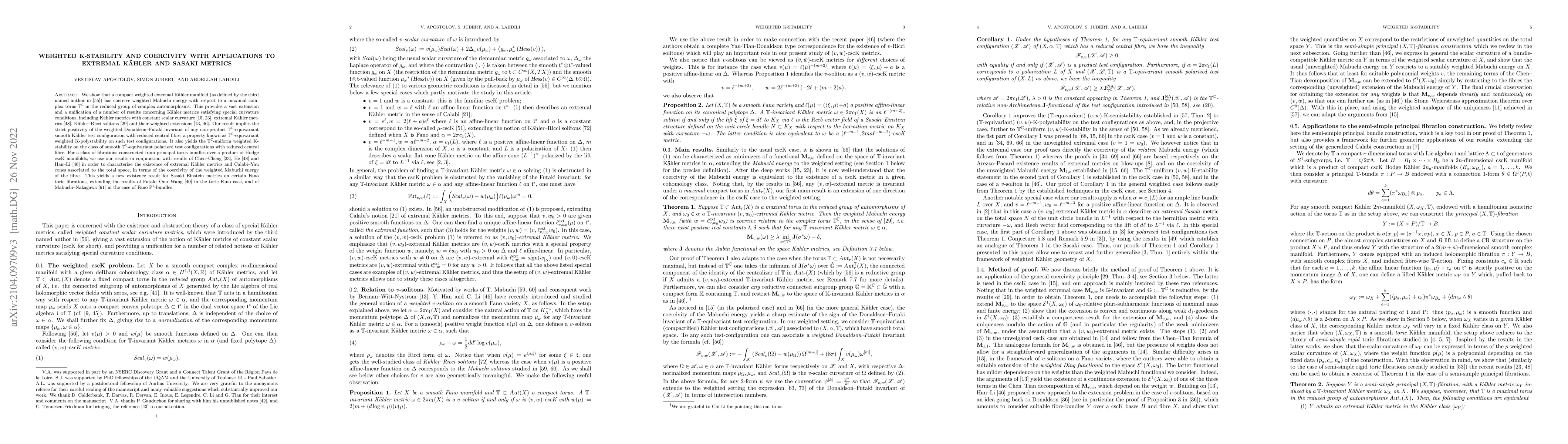Thumbnail for Weighted K-stability and coercivity with applications to extremal Kahler
  and Sasaki metrics