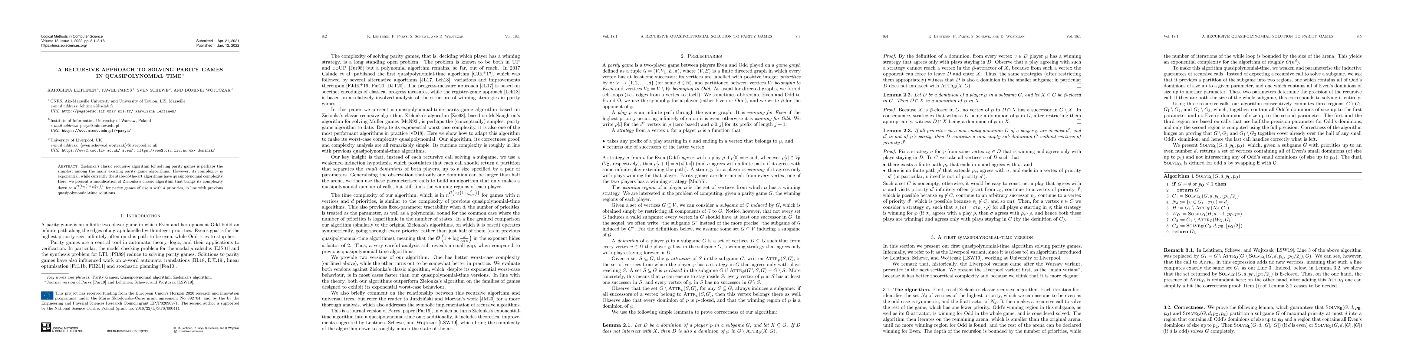 Thumbnail for A Recursive Approach to Solving Parity Games in Quasipolynomial Time