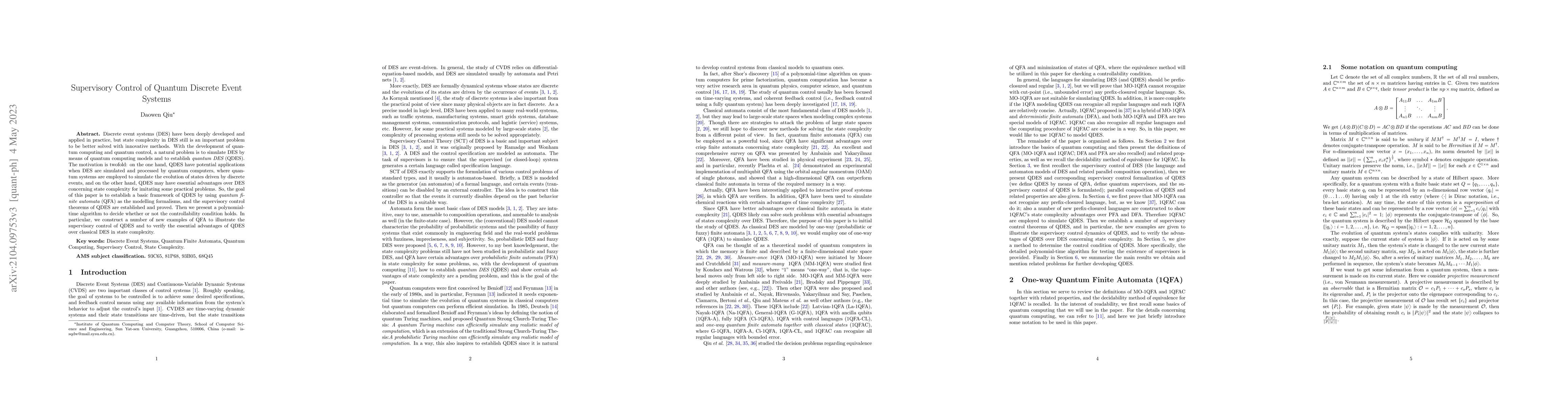 Thumbnail for Supervisory Control of Quantum Discrete Event Systems