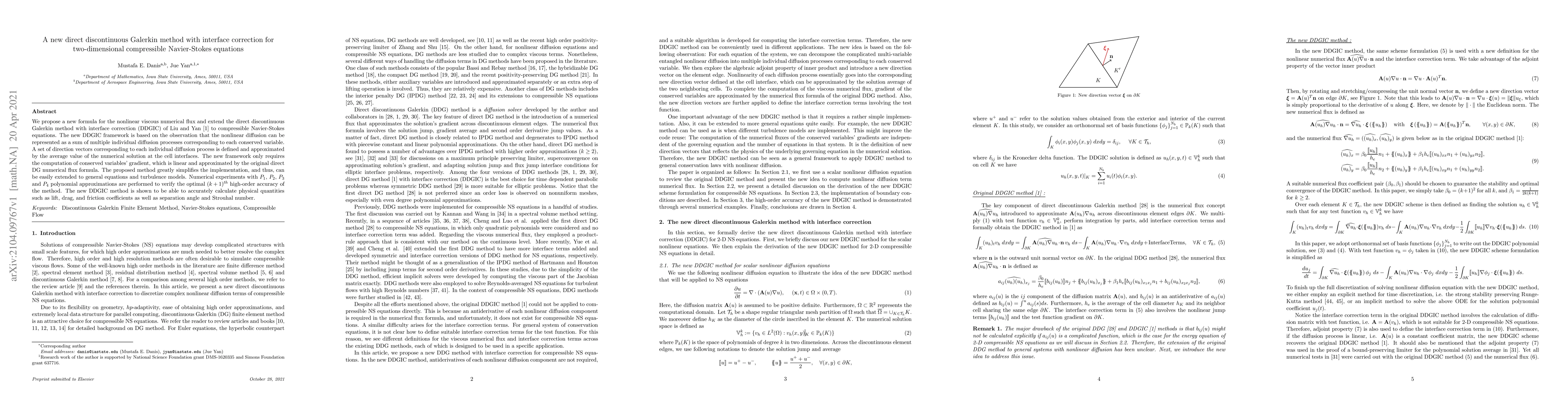 Thumbnail for A new direct discontinuous Galerkin method with interface correction for
  two-dimensional compressible Navier-Stokes equations