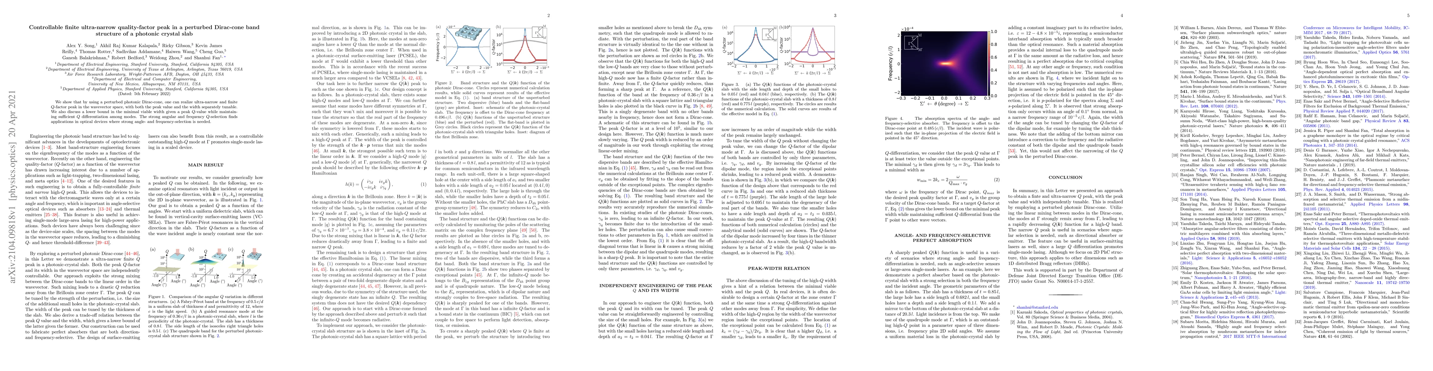 Thumbnail for Controllable finite ultra-narrow quality-factor peak in a perturbed
  Dirac-cone band structure of a photonic crystal slab