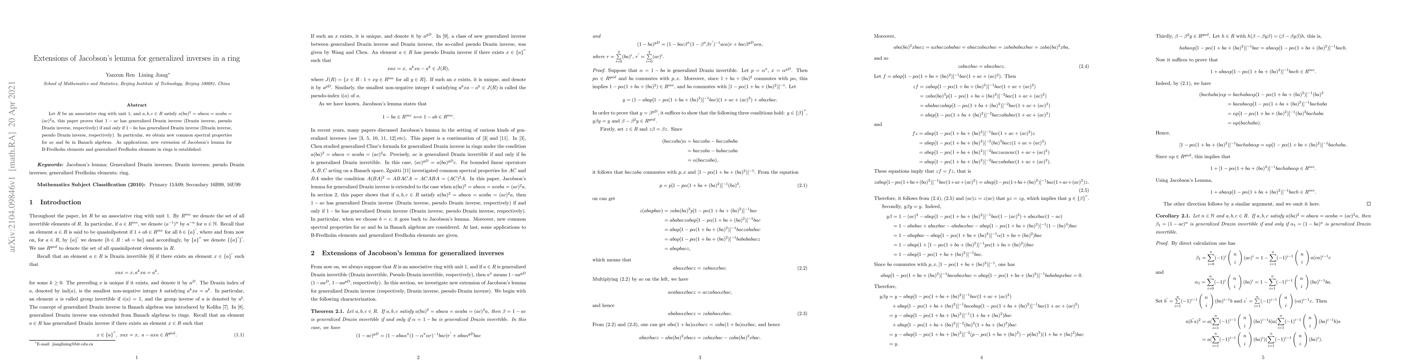 Thumbnail for Extensions of Jacobson's lemma for generalized inverses in a ring