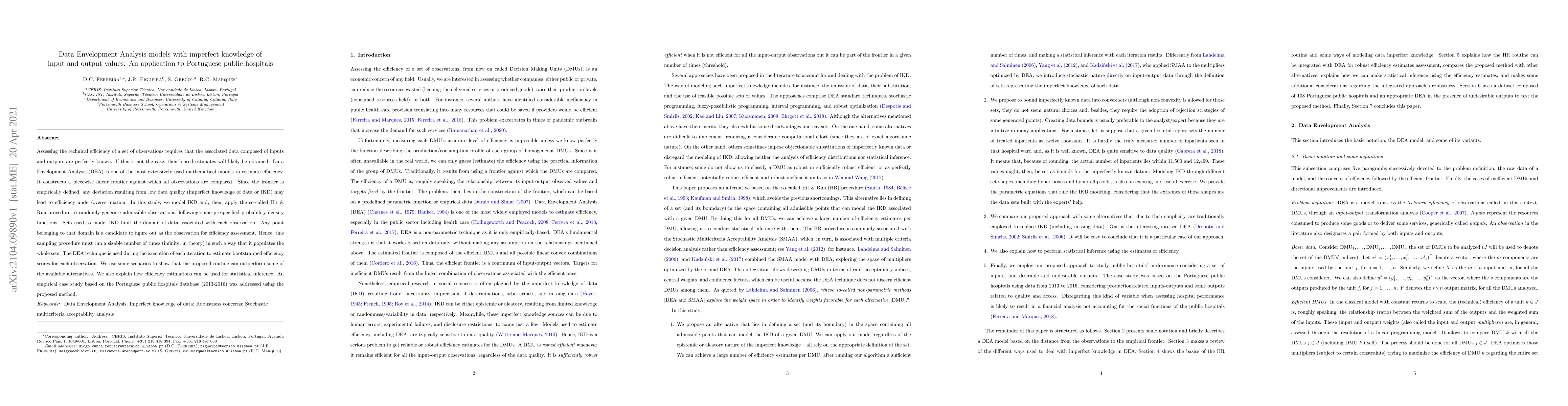 Thumbnail for Data Envelopment Analysis models with imperfect knowledge of input and
  output values: An application to Portuguese public hospitals