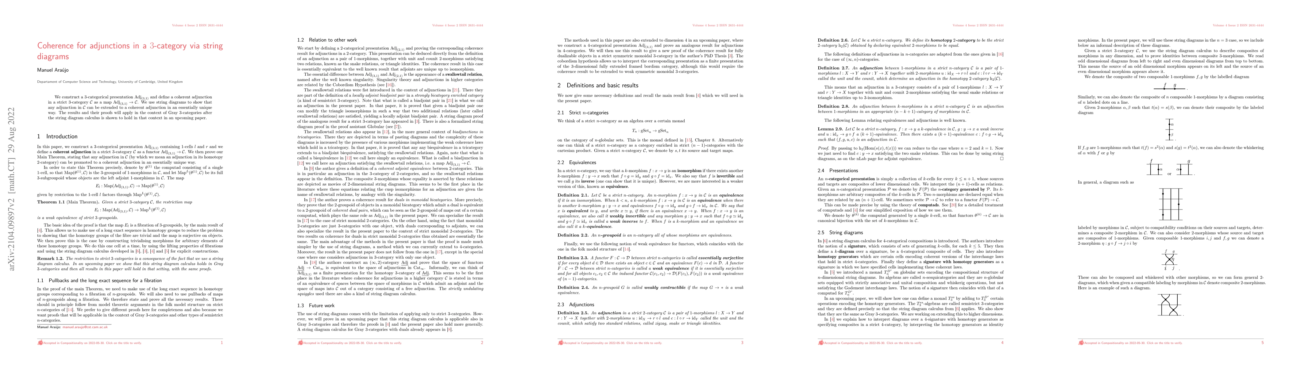Thumbnail for Coherence for adjunctions in a $3$-category via string diagrams
