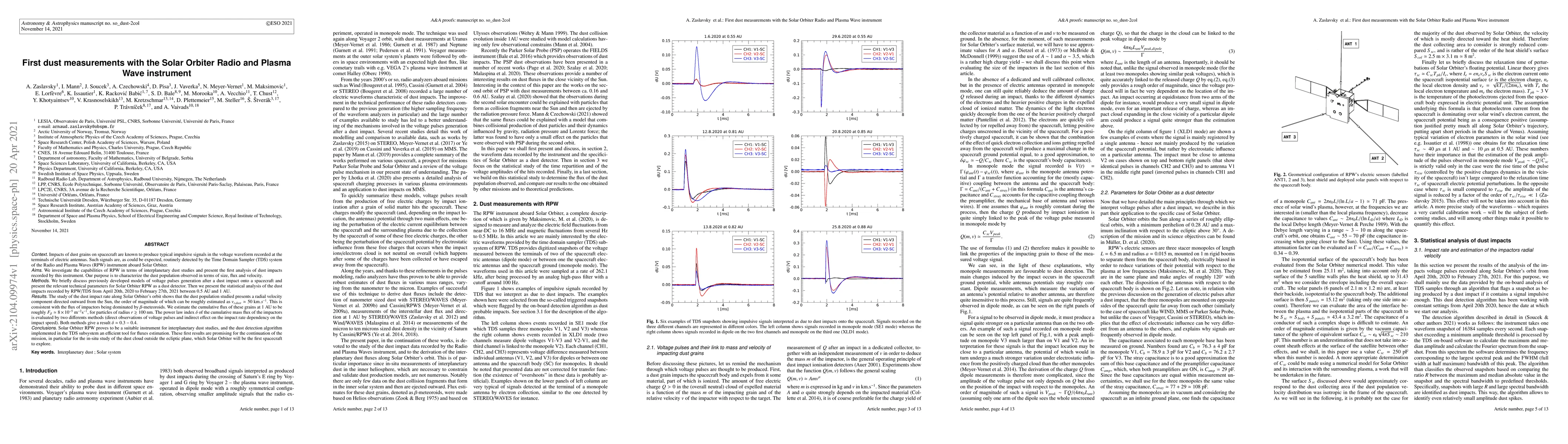 Thumbnail for First dust measurements with the Solar Orbiter Radio and Plasma Wave
  instrument