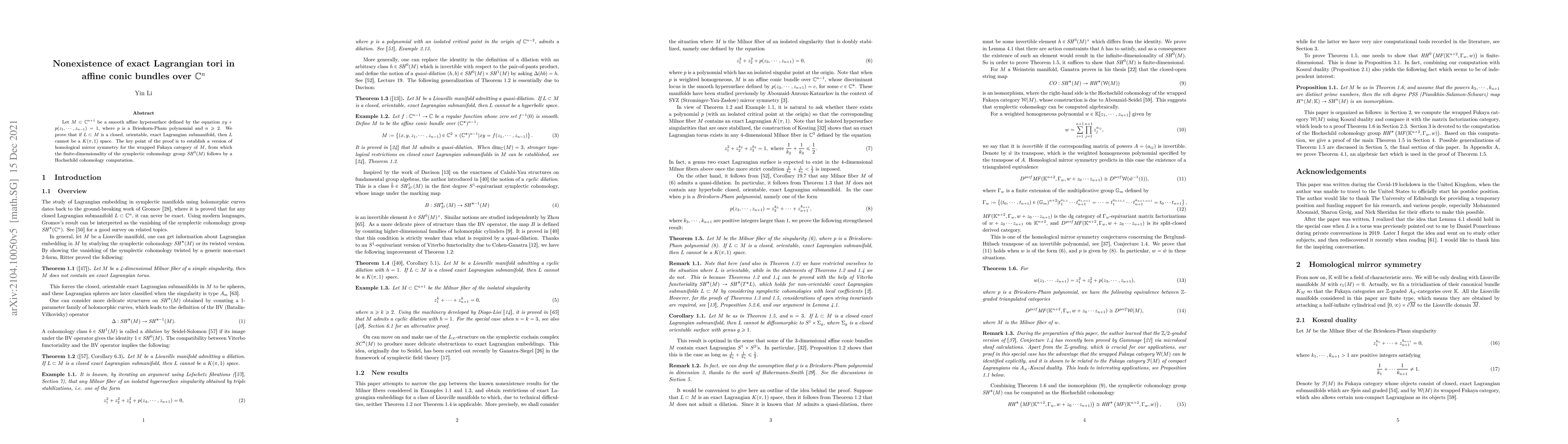 Thumbnail for Nonexistence of exact Lagrangian tori in affine conic bundles over
  $\mathbb{C}^n$