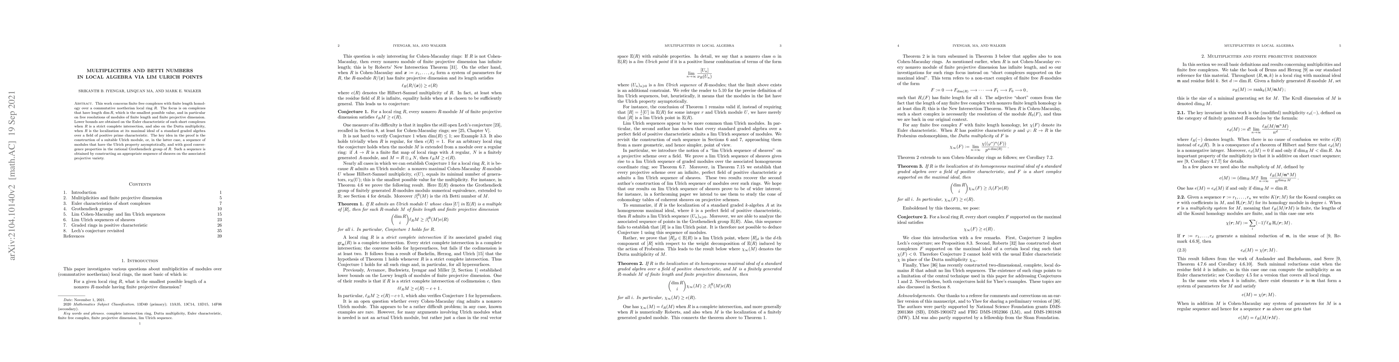 Thumbnail for Multiplicities and Betti numbers in local algebra via lim Ulrich points