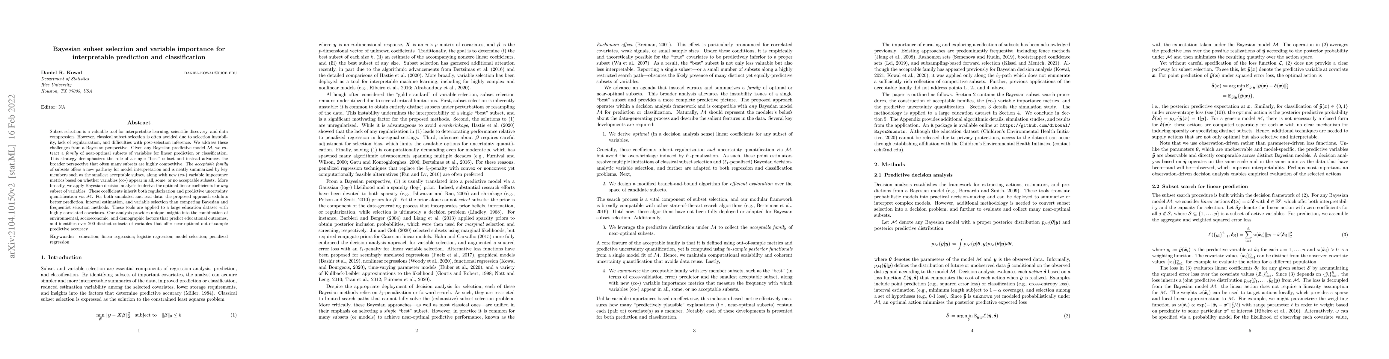Thumbnail for Bayesian subset selection and variable importance for interpretable
  prediction and classification
