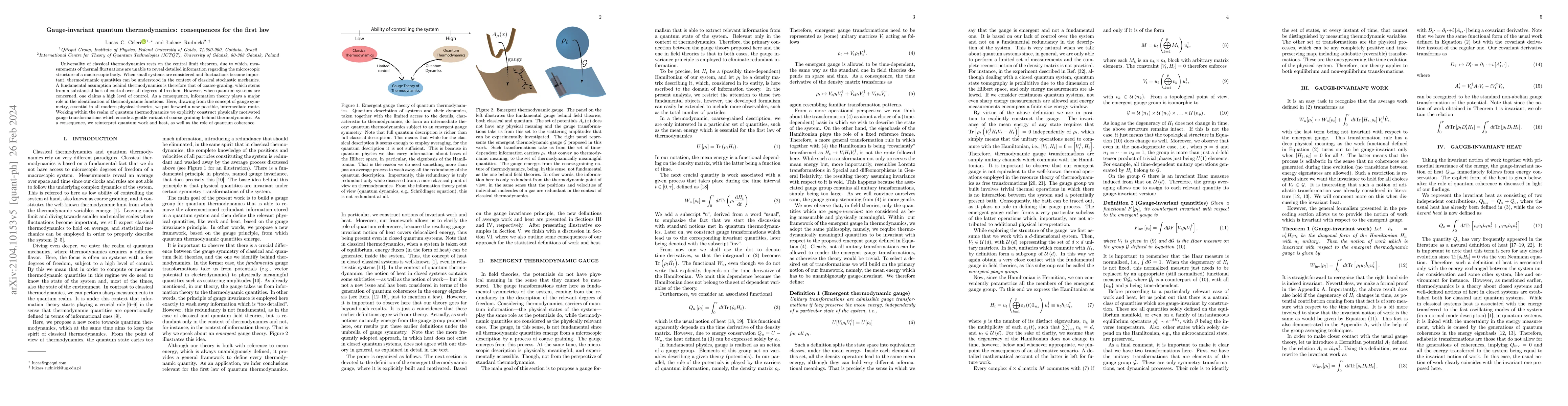 Thumbnail for Gauge invariant quantum thermodynamics: consequences for the first law
