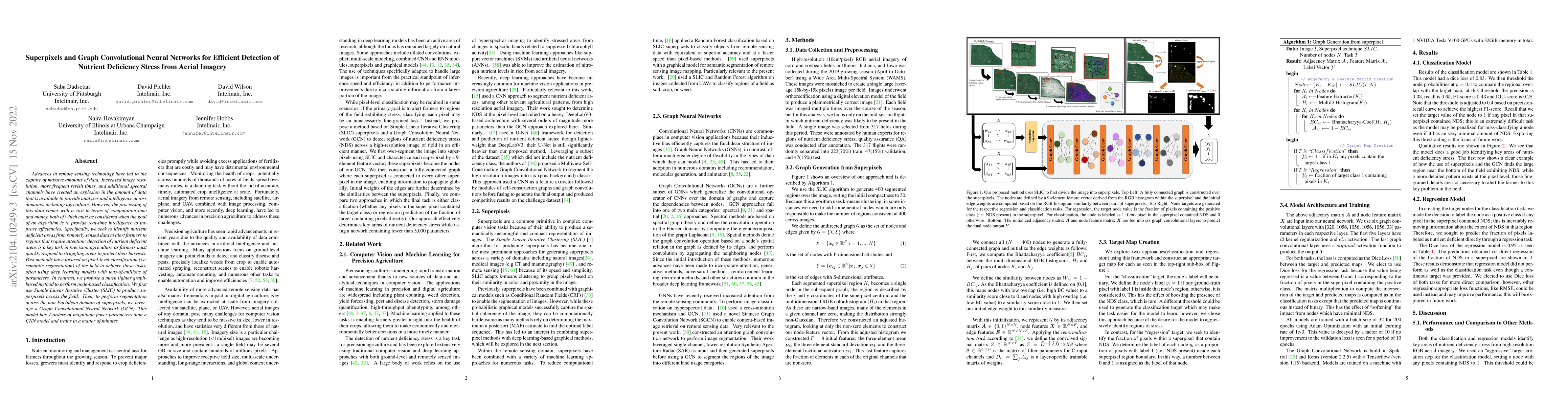 Thumbnail for Superpixels and Graph Convolutional Neural Networks for Efficient
  Detection of Nutrient Deficiency Stress from Aerial Imagery