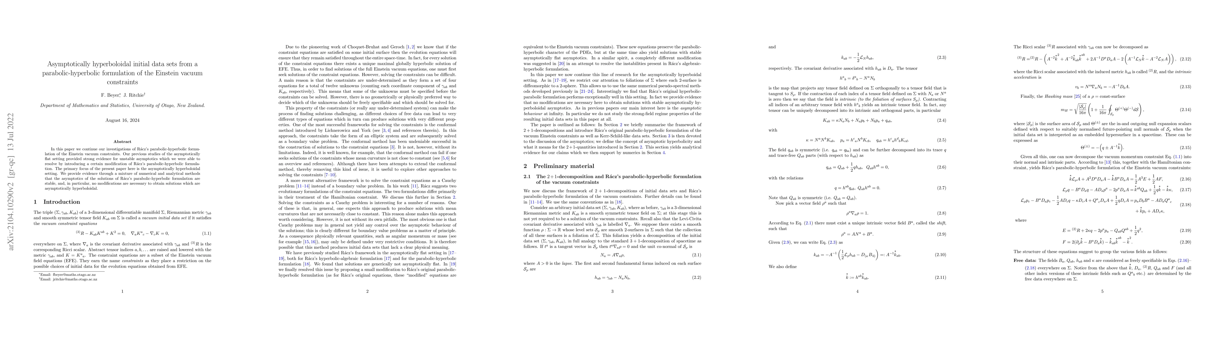 Thumbnail for Asymptotically hyperboloidal initial data sets from a
  parabolic-hyperbolic formulation of the Einstein vacuum constraints
