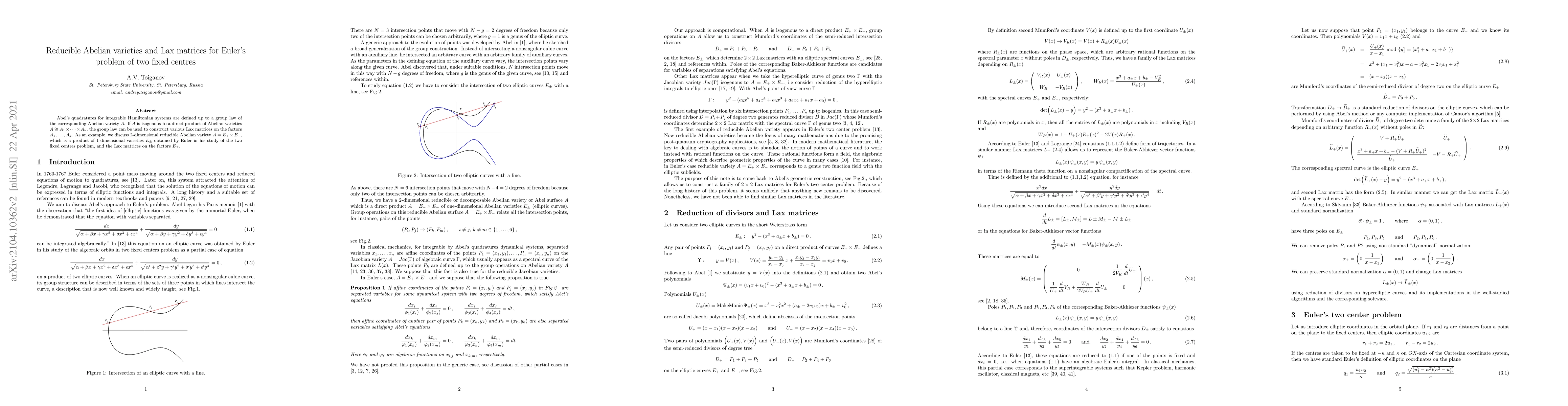 Thumbnail for Reducible Abelian varieties and Lax matrices for Euler's problem of two
  fixed centres