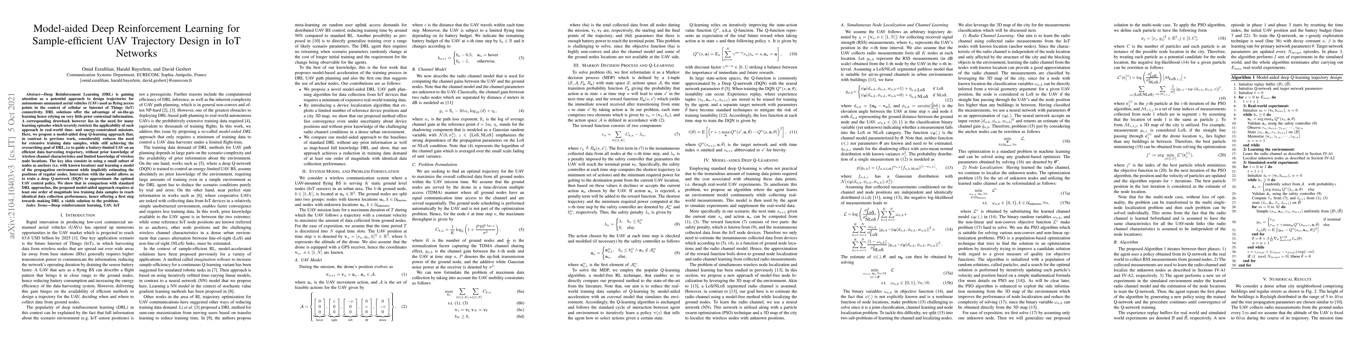 Thumbnail for Model-aided Deep Reinforcement Learning for Sample-efficient UAV
  Trajectory Design in IoT Networks