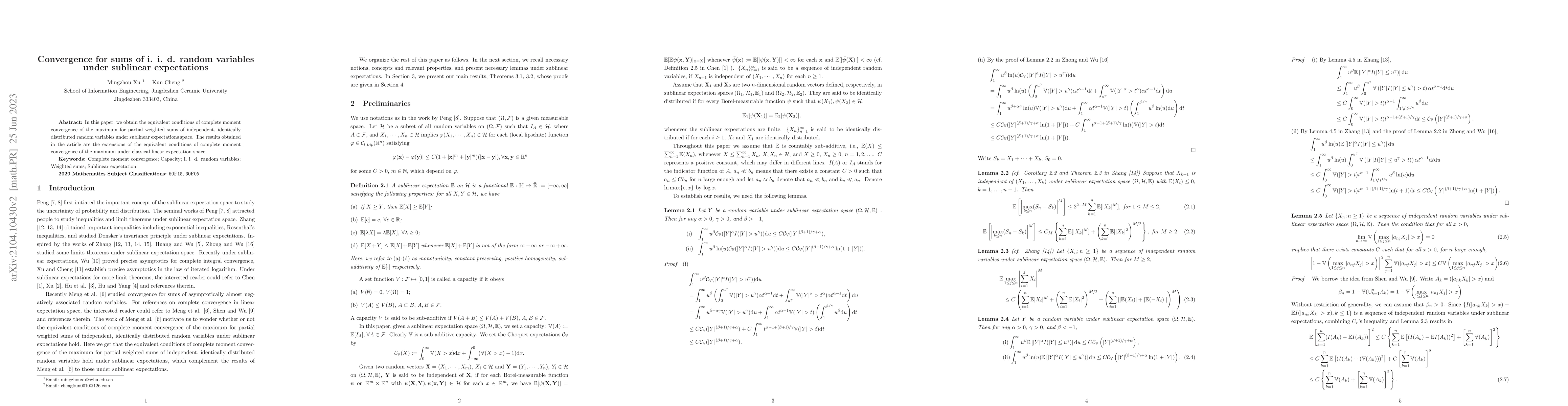 Thumbnail for Convergence for sums of i. i. d. random variables under sublinear
  expectations