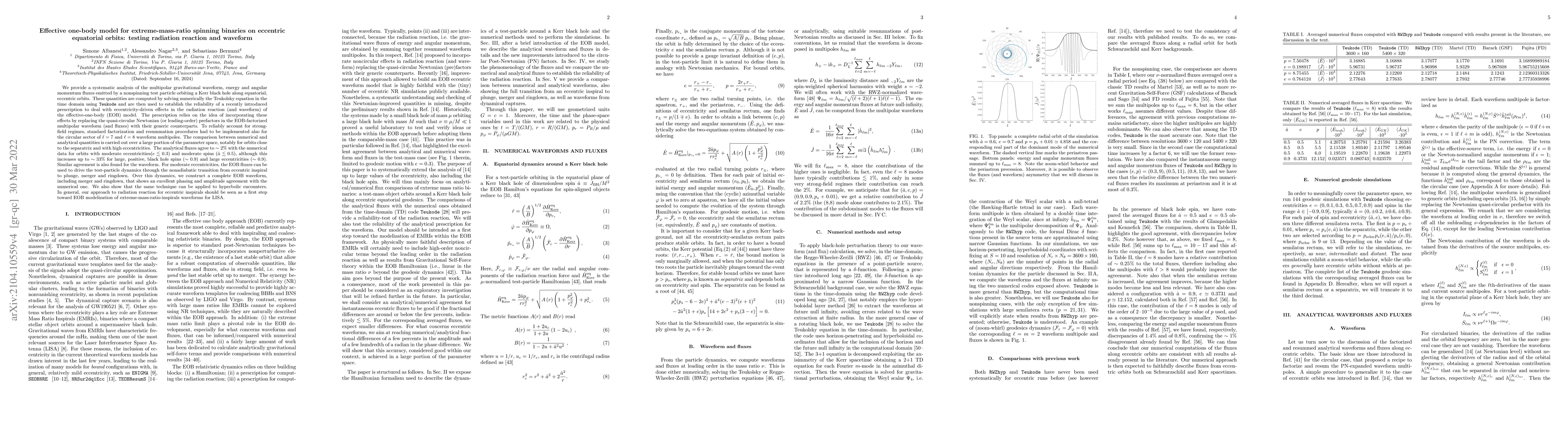 Thumbnail for Effective one-body model for extreme-mass-ratio spinning binaries on
  eccentric equatorial orbits: testing radiation reaction and waveform